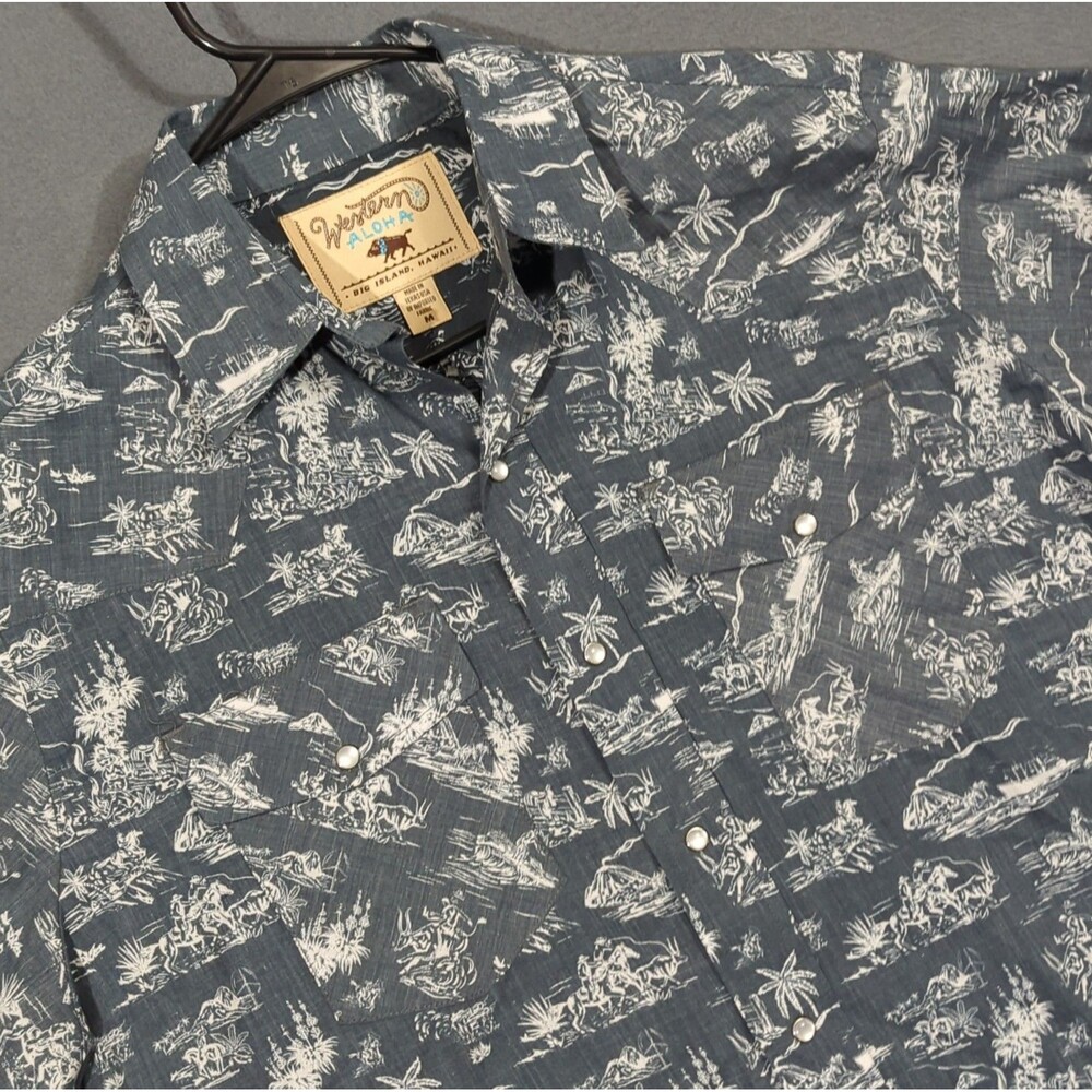 Western Aloha Shirt Men's M Gray Paniolo Black Snap Button Long Sleeve USA Made
